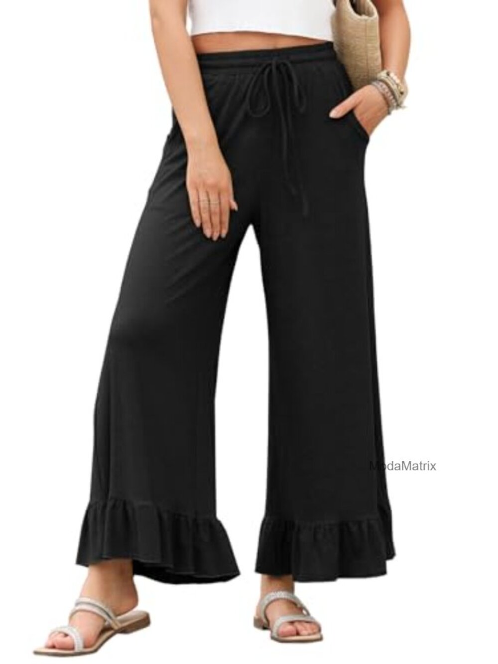 Wide Leg Palazzo Pants with Pockets Ruffle Hem High Waist Lounge